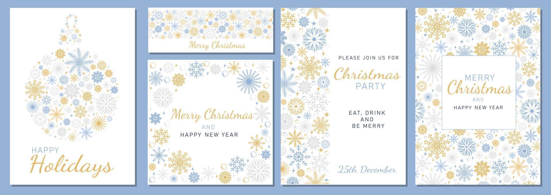 moderno universal artístico plantillas. alegre Navidad corporativo fiesta tarjetas y invitaciones con hermosa copos de nieve en moderno línea Arte estilo en blanco antecedentes vector