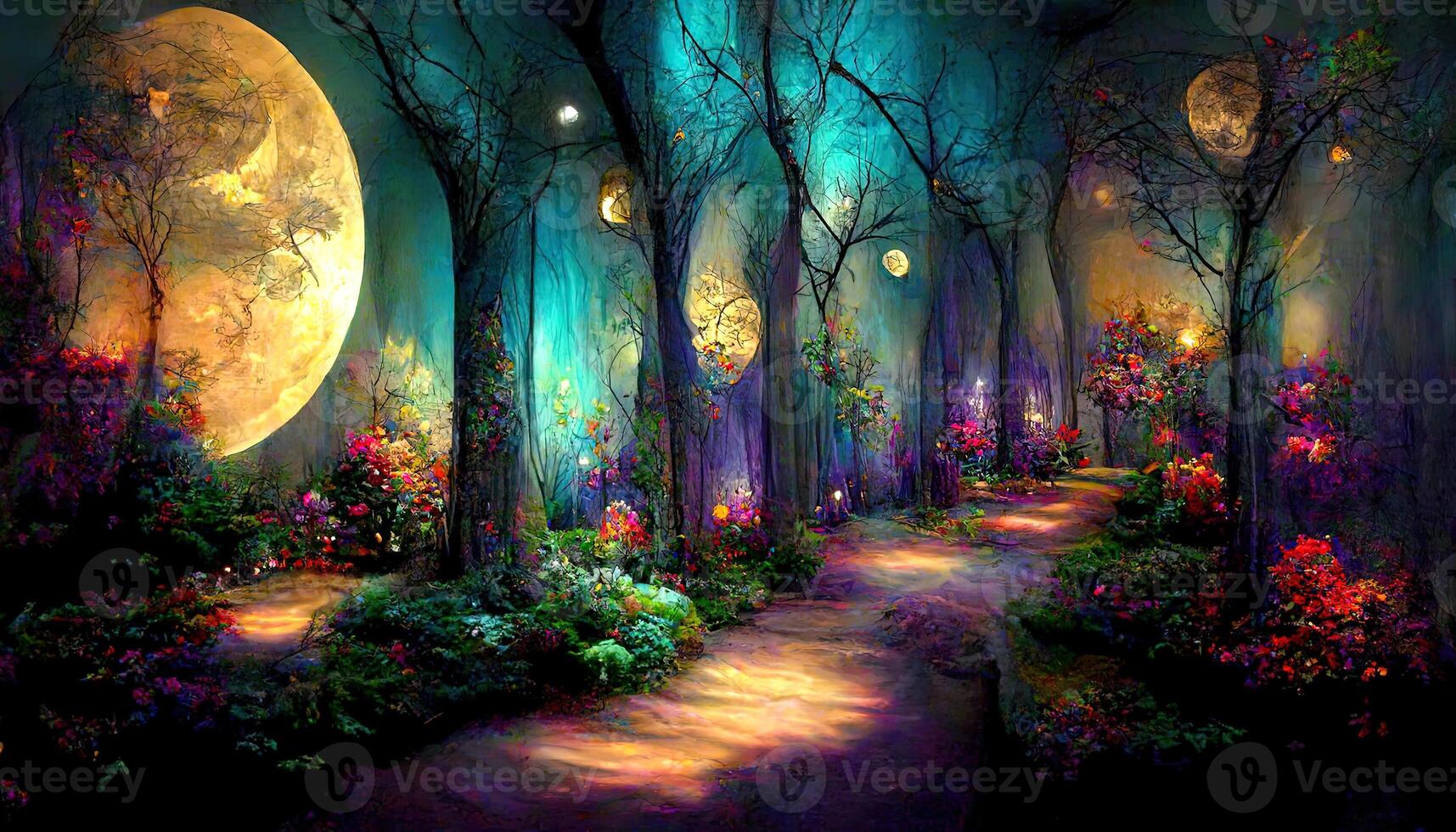 maravilloso brillante lleno Luna en oscuro hada cuento bosque como fondo de pantalla diseño. generativo ai foto