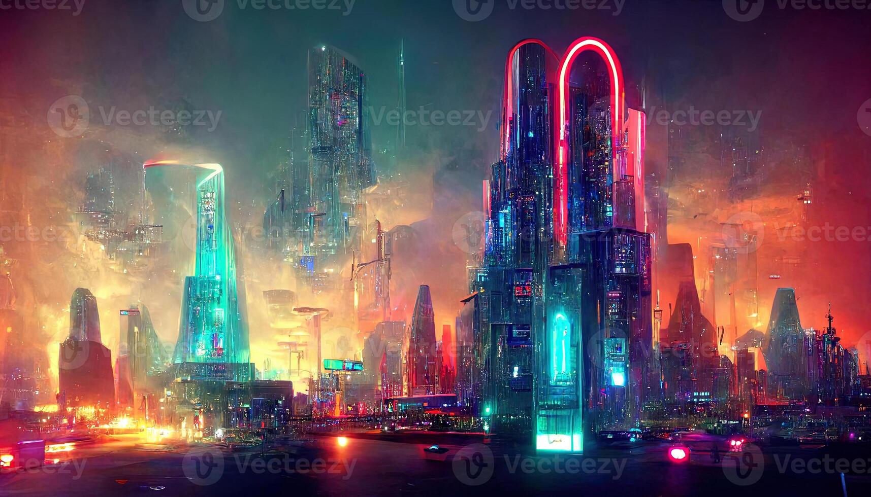 Concept of a cyberpunk metaverse city. photo