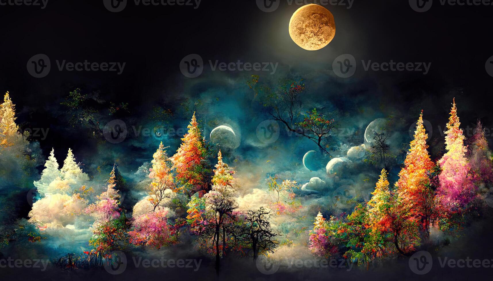 Abstract fairy tale forest landscape background with full moon. photo
