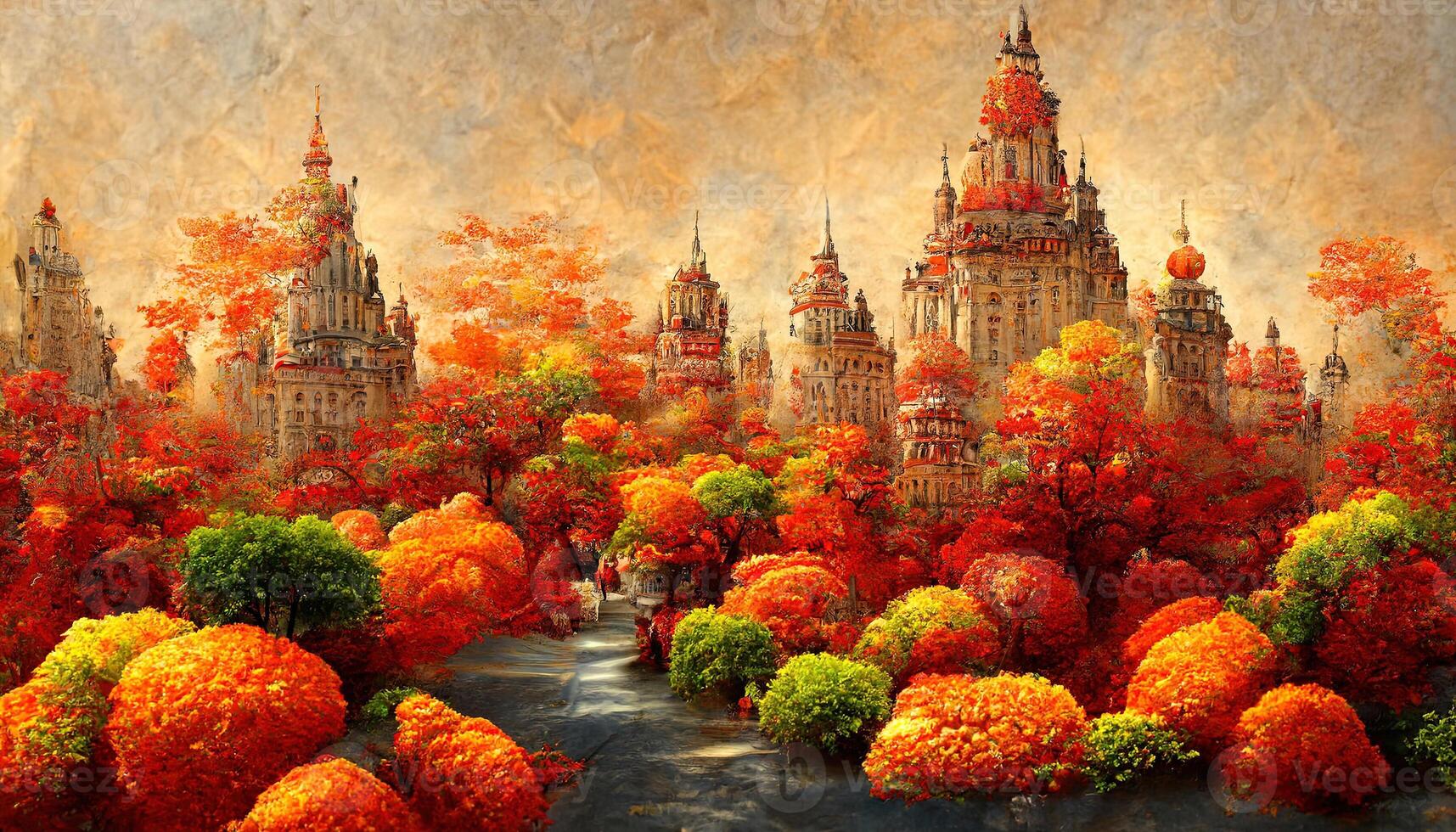 otoño escenario, ciudad parque paisaje con arboles con amarillo y naranja follaje y que cae hojas. público jardín con plantas y rutas en caer, vector dibujos animados. generativo ai foto