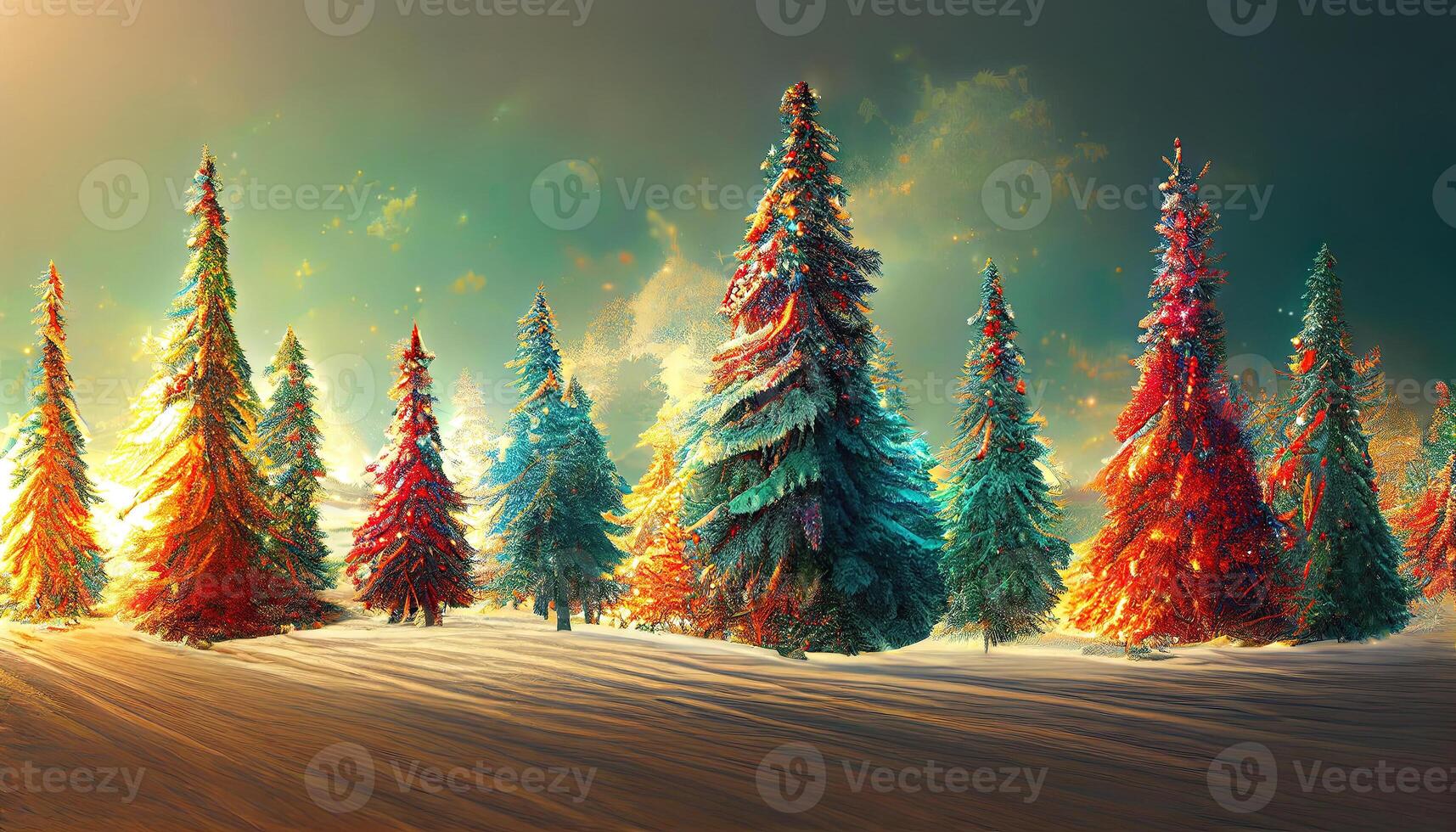 christmas decorated green spruce trees in winter forest, Abstract fantasy festive christmas tree background header wallpaper, winter abstract landscape. Sunlight in the winter. photo