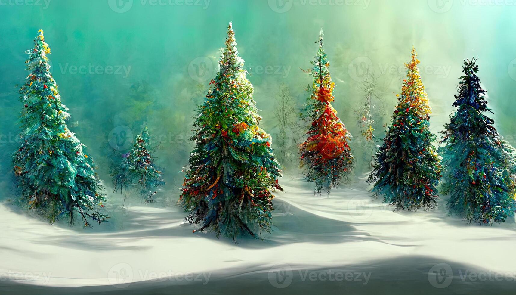 Amazing Decorated christmas trees in winter forest as wallpaper header. photo