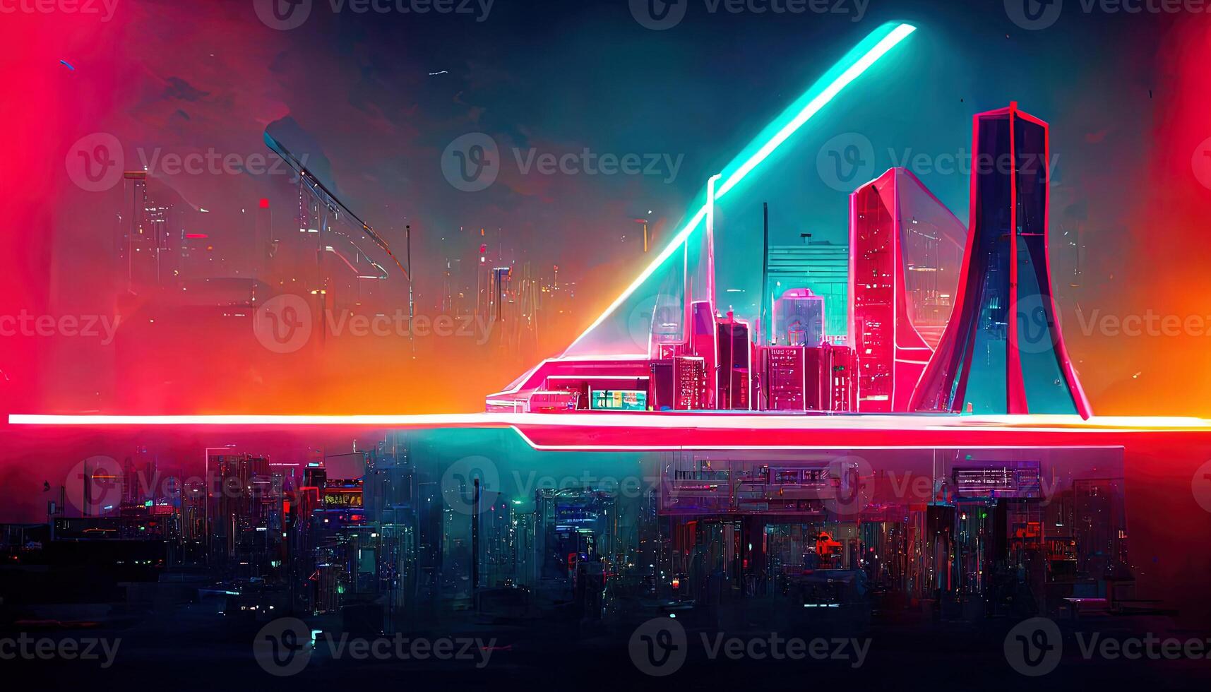 Exceptional Glowing neon infrastructure in futuristic synthwave city. photo