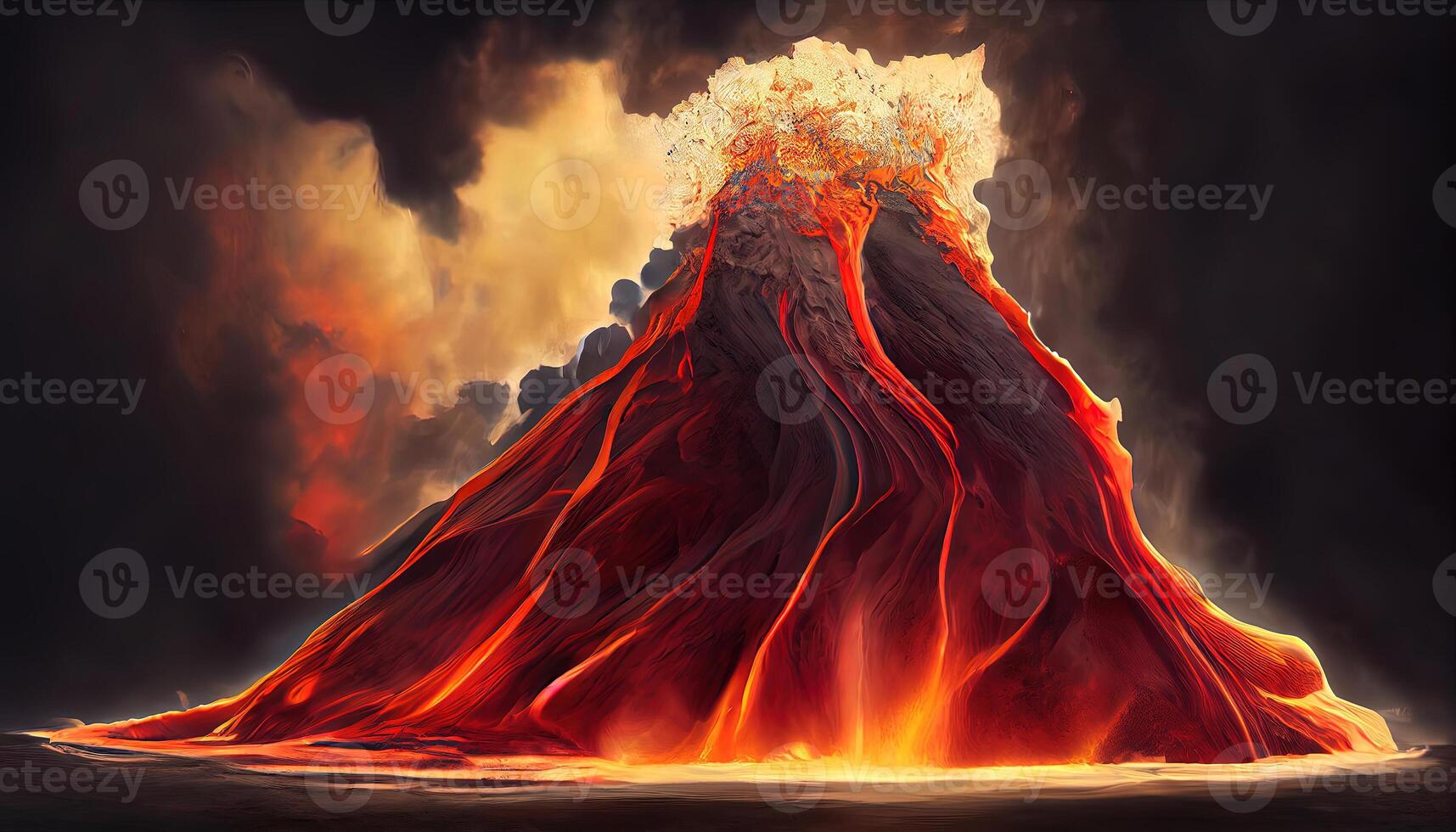 illustration of Mountain of night fire and volcanic landscape with lava flow. photo