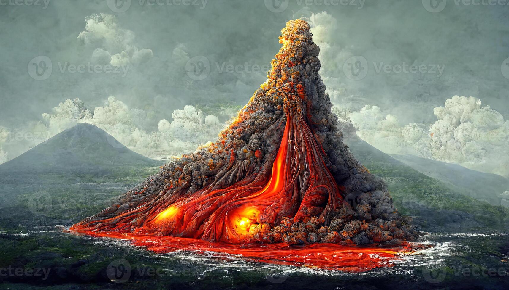 Volcano eruption in nature scene at night. photo