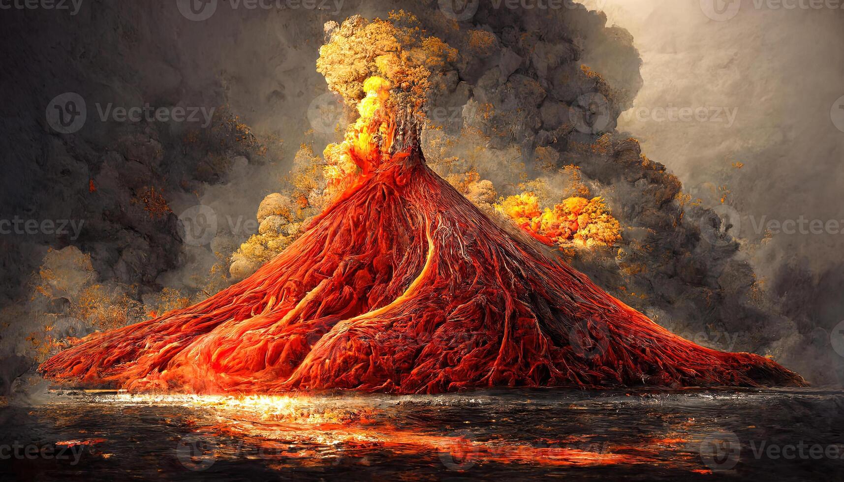 Volcano eruption in nature scene at night. photo