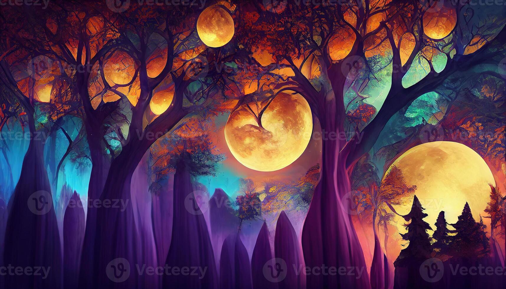Bright full moon in dark fairy tale forest as wallpaper design. photo