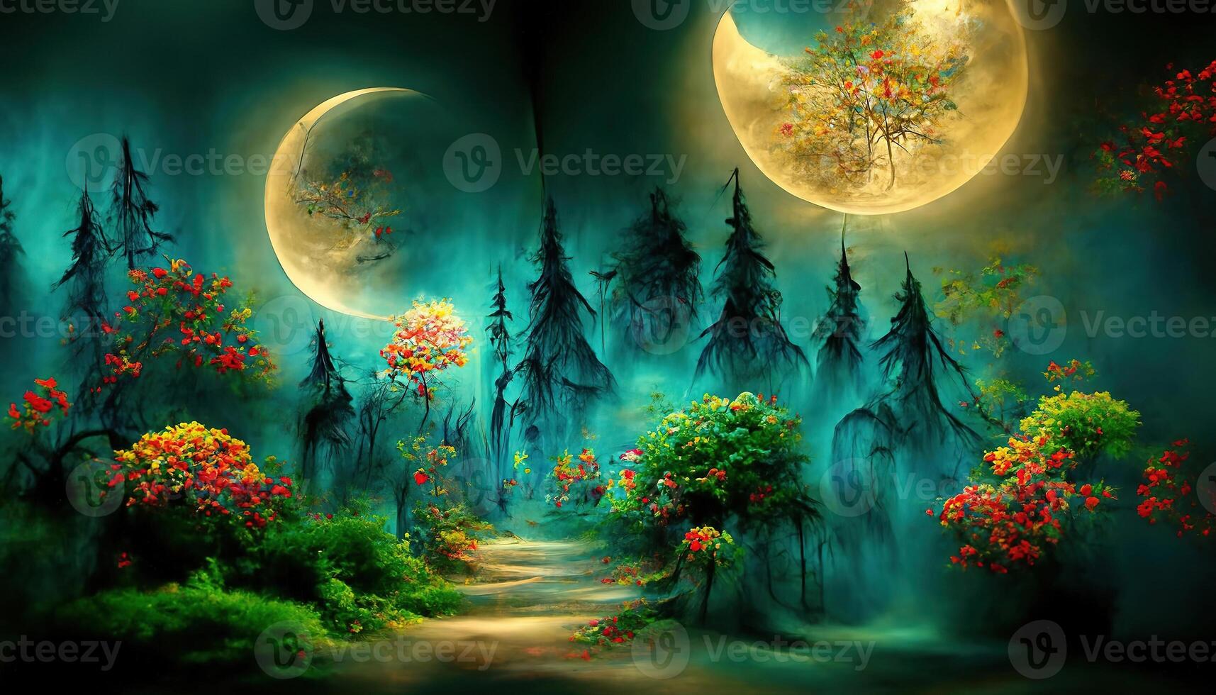 Forest in silhouette with starry night sky and full moon ,Halloween background. Spooky forest with full moon. photo