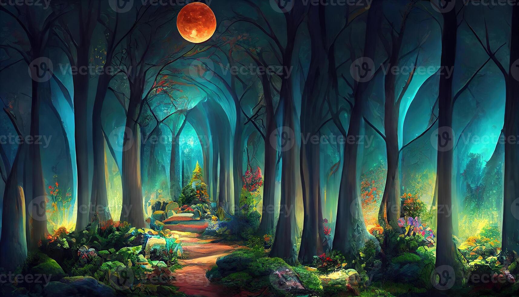 Surprising Bright full moon in dark fairy tale forest as wallpaper design. photo