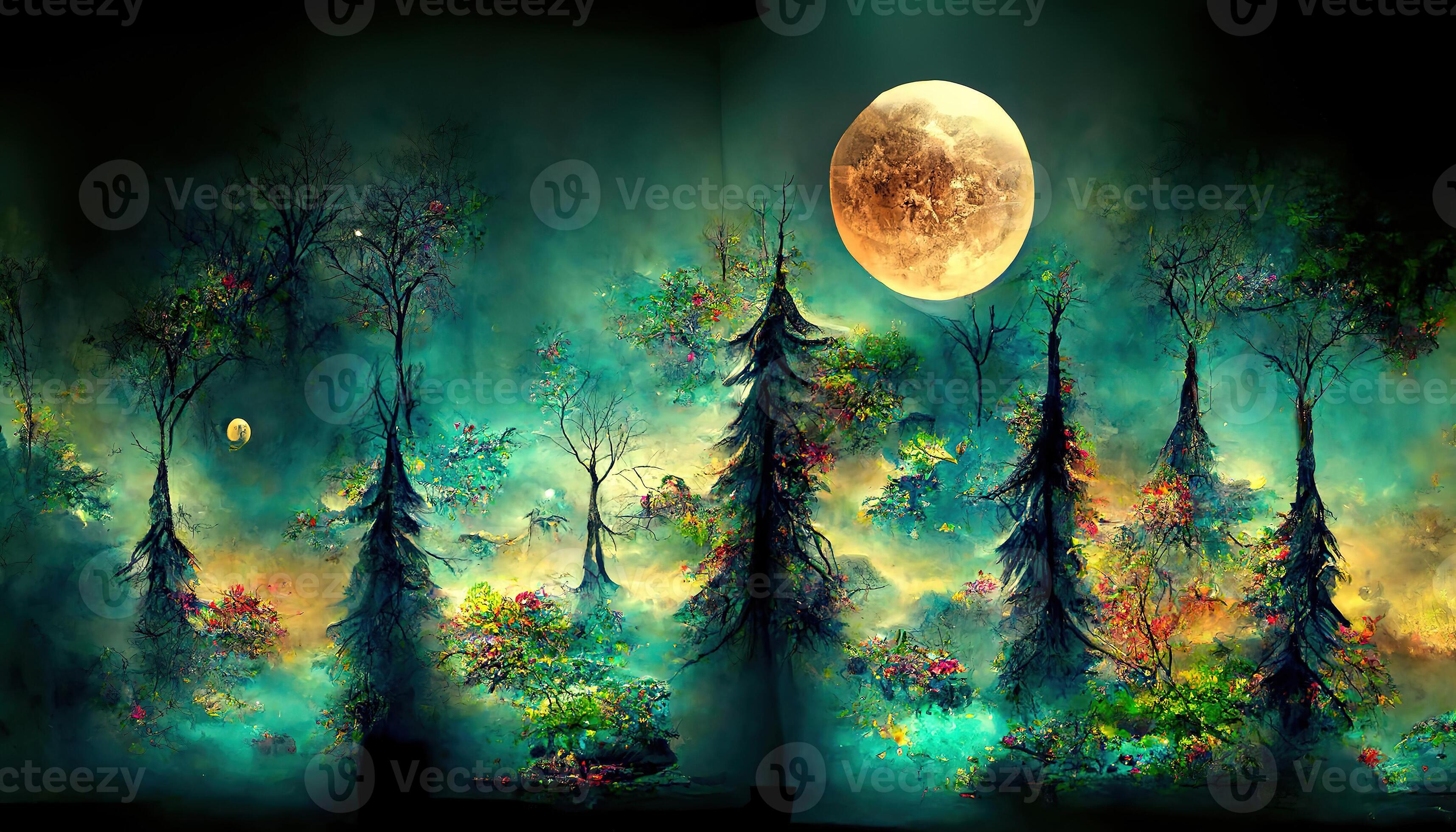 Forest in silhouette with starry night sky and full moon ,Halloween