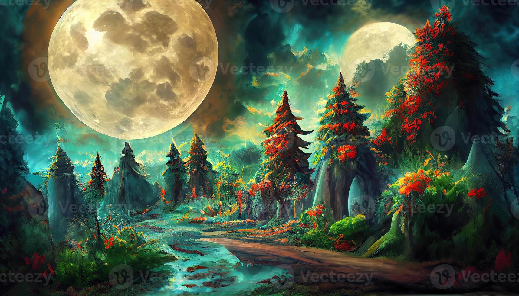 Excellent Bright full moon over dark fairy tale forest. photo