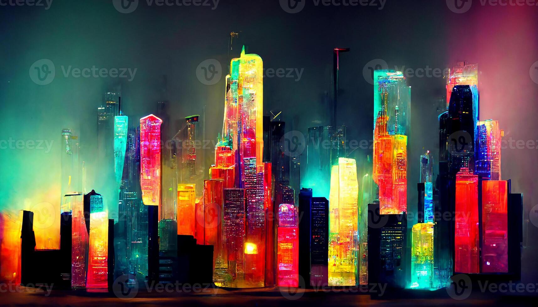 Neon megapolis background with buildings, skyscrapers. photo