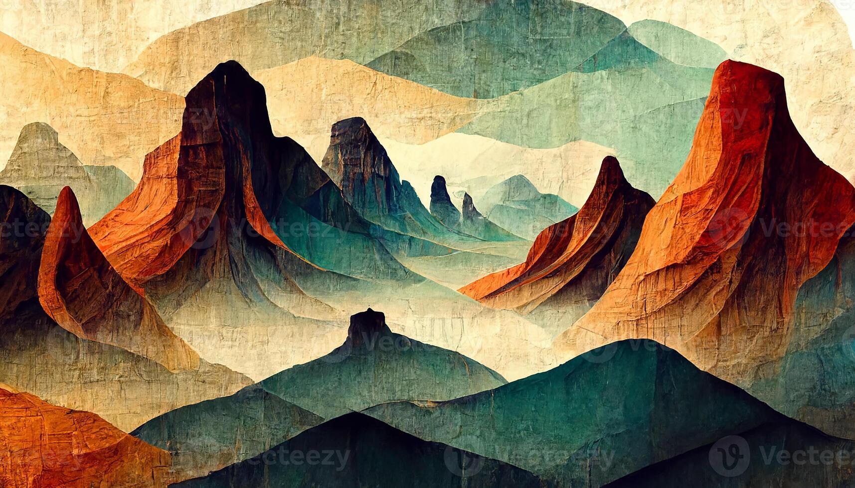 stylized mountain landscape with evening sun, drawing in pink and brown tones. photo