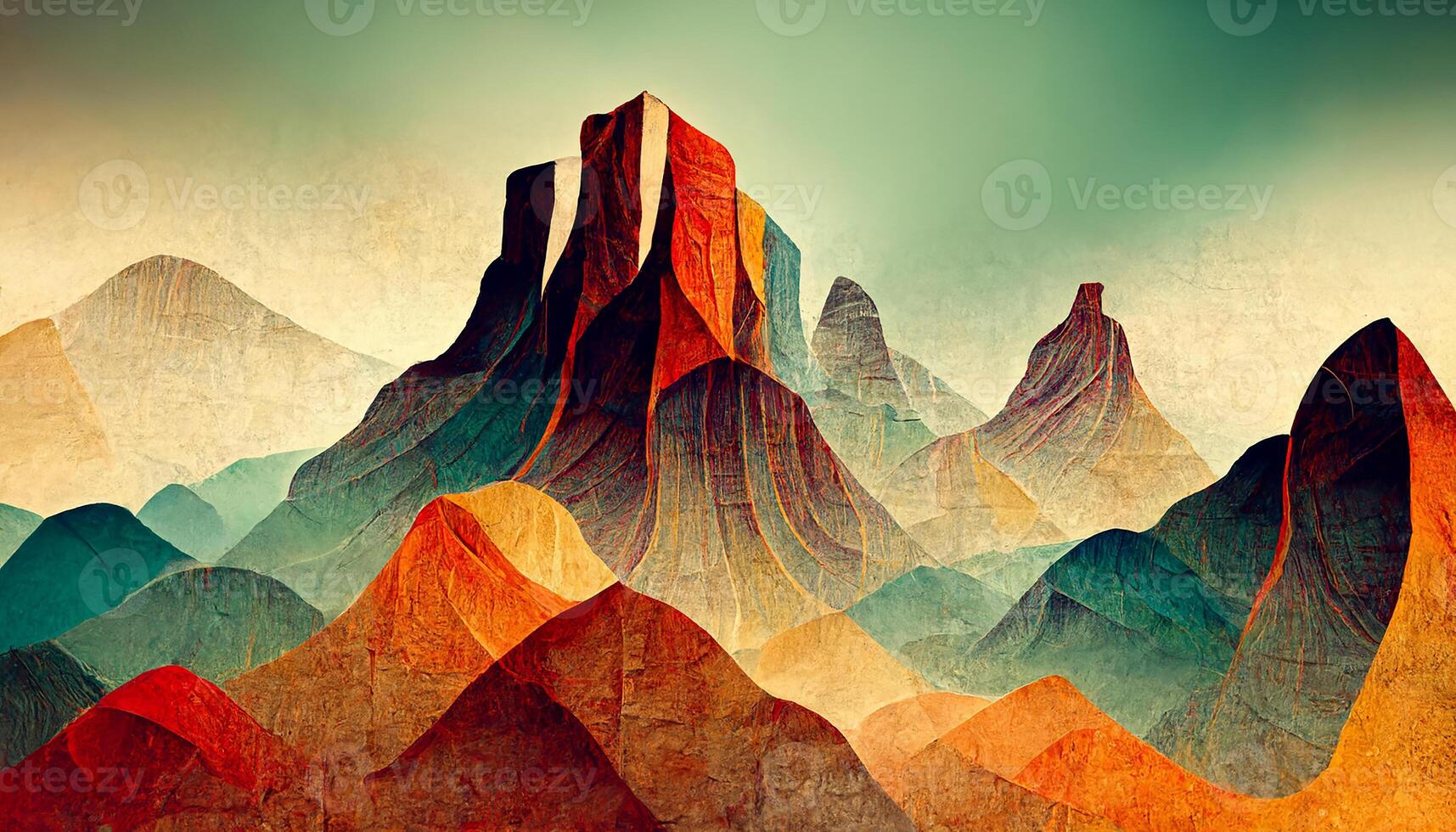 stylized mountain landscape with evening sun, drawing in pink and brown tones. photo