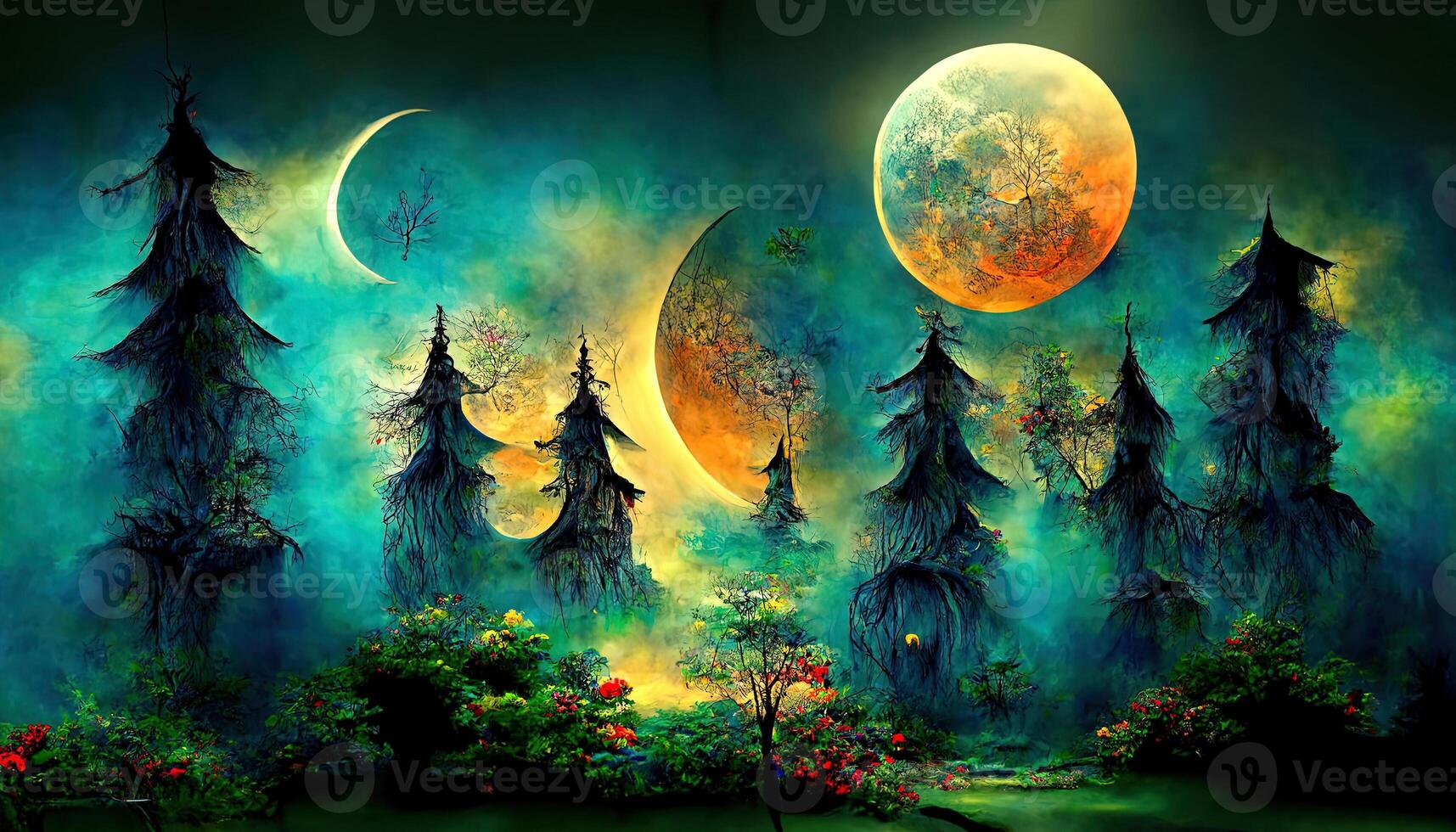 Full moon Wallpaper 4K, Forest, Night, Dark, Starry sky