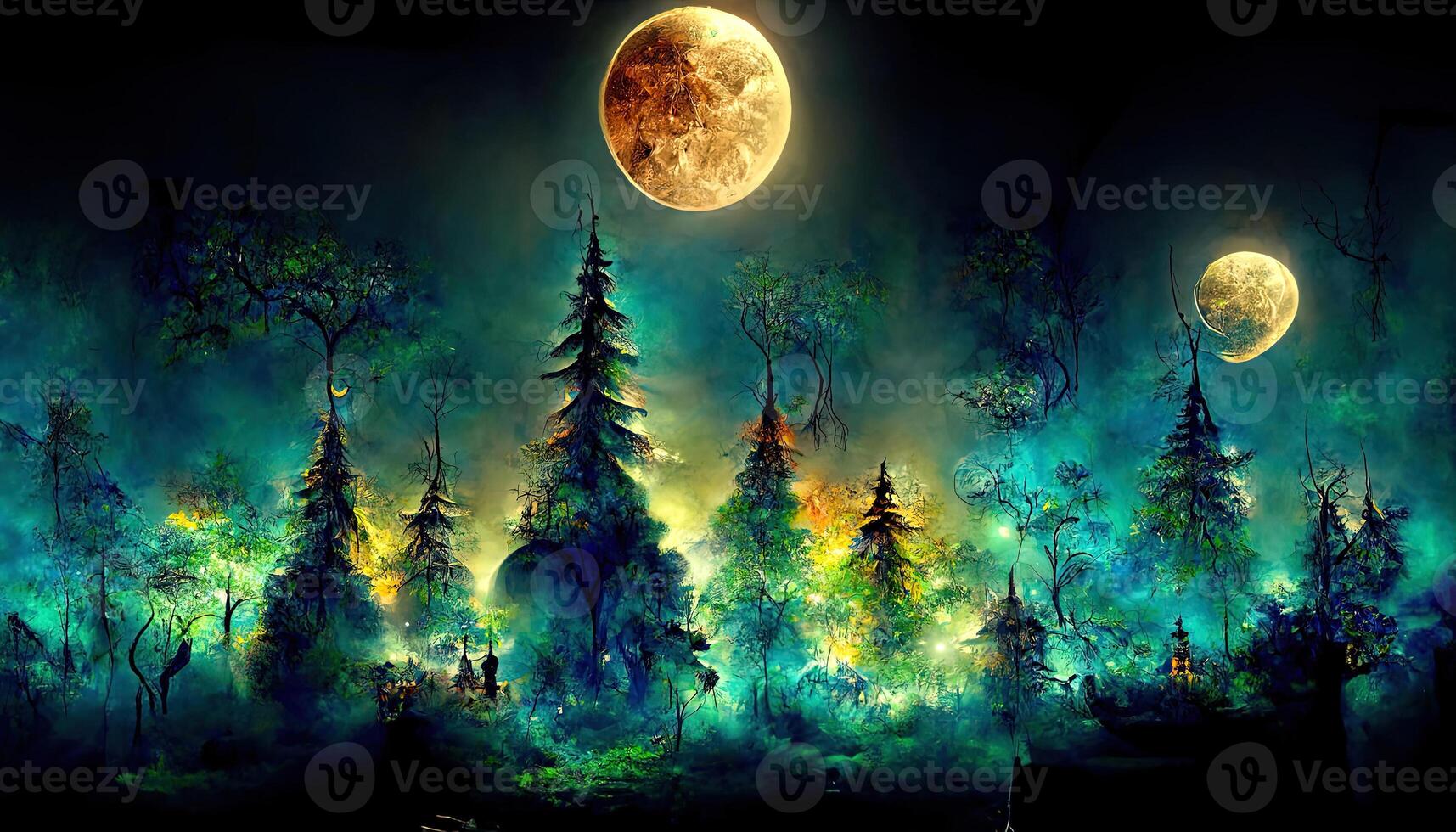 Wonderful Bright full moon in dark fairy tale forest as wallpaper design. photo