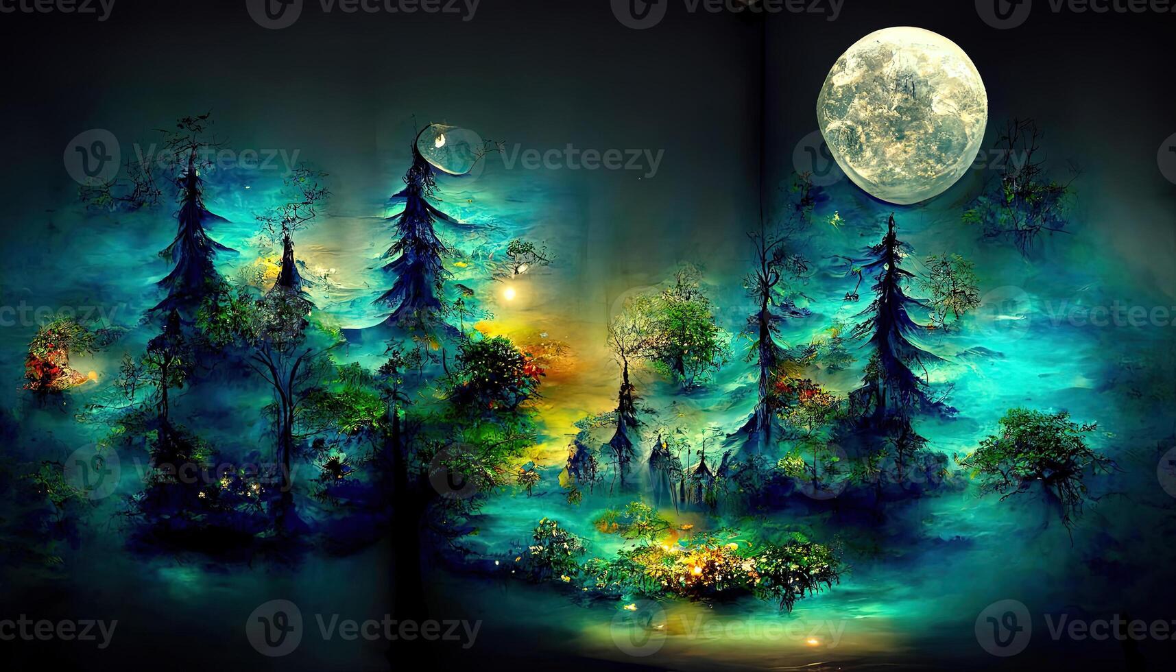 Forest in silhouette with starry night sky and full moon ,Halloween background. Spooky forest with full moon. photo