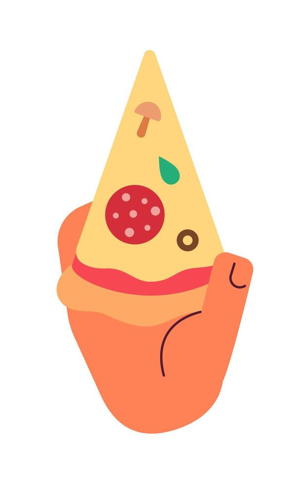 Holding cheese pepperoni pizza slice semi flat colour vector first view hand. Party snack. Fastfood. Editable cartoon style icon on white. Simple spot illustration for web graphic design and animation