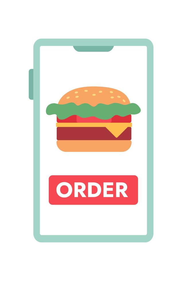 Mobile phone screen with fast food delivery app semi flat colour vector object. Burger order. Editable cartoon style icon on white. Simple spot illustration for web graphic design