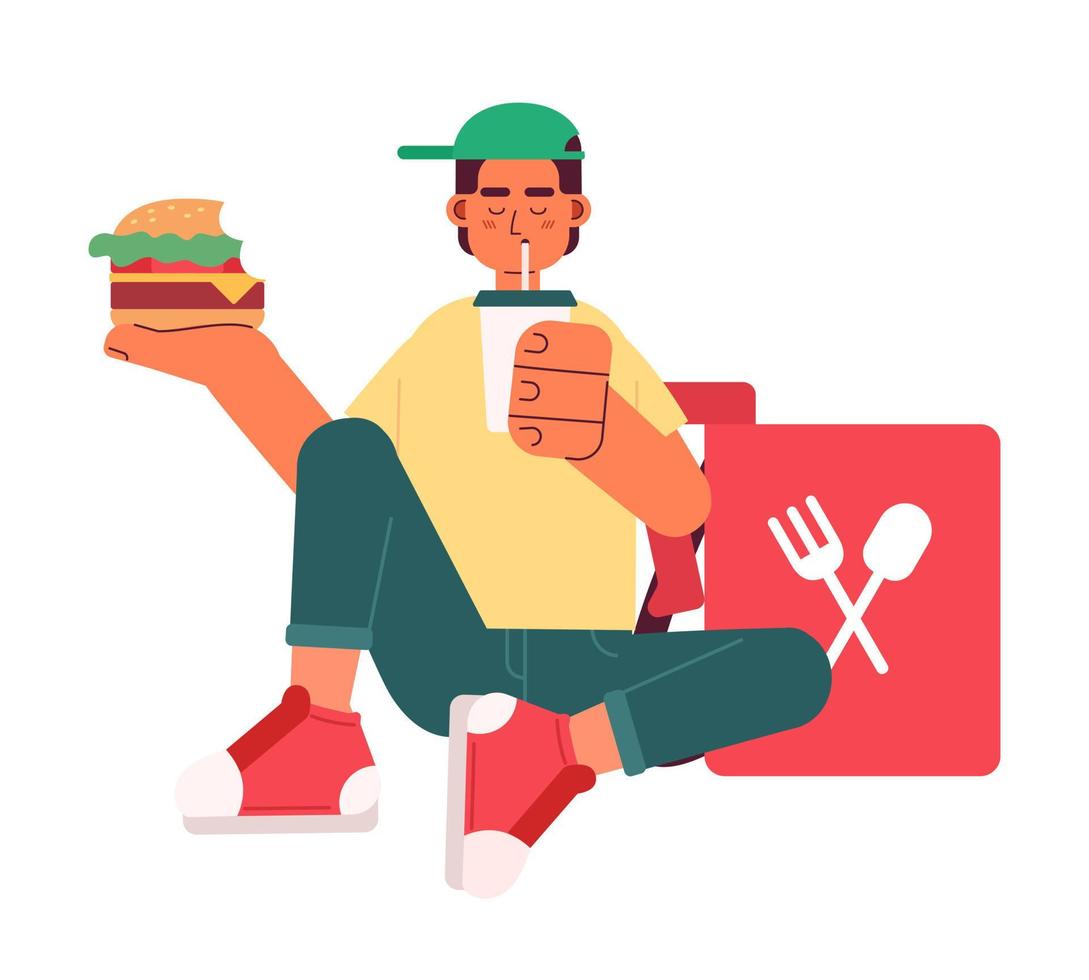 Food delivery teen worker eating cheeseburger, drinking semi flat colorful vector character. Editable full body person on white. Simple cartoon spot illustration for web graphic design and animation