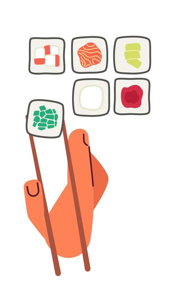 Taking maki roll with chopsticks out sushi set semi flat colour vector first view hand. Eating food. Editable cartoon style icon on white. Simple spot illustration for web graphic design and animation