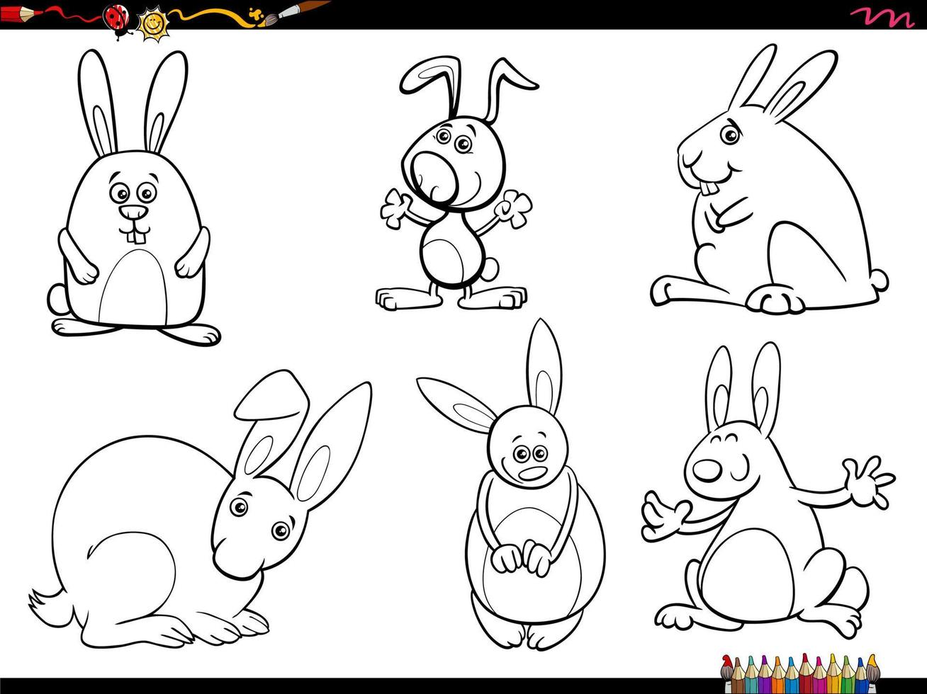 cartoon rabbits animal characters set coloring page vector