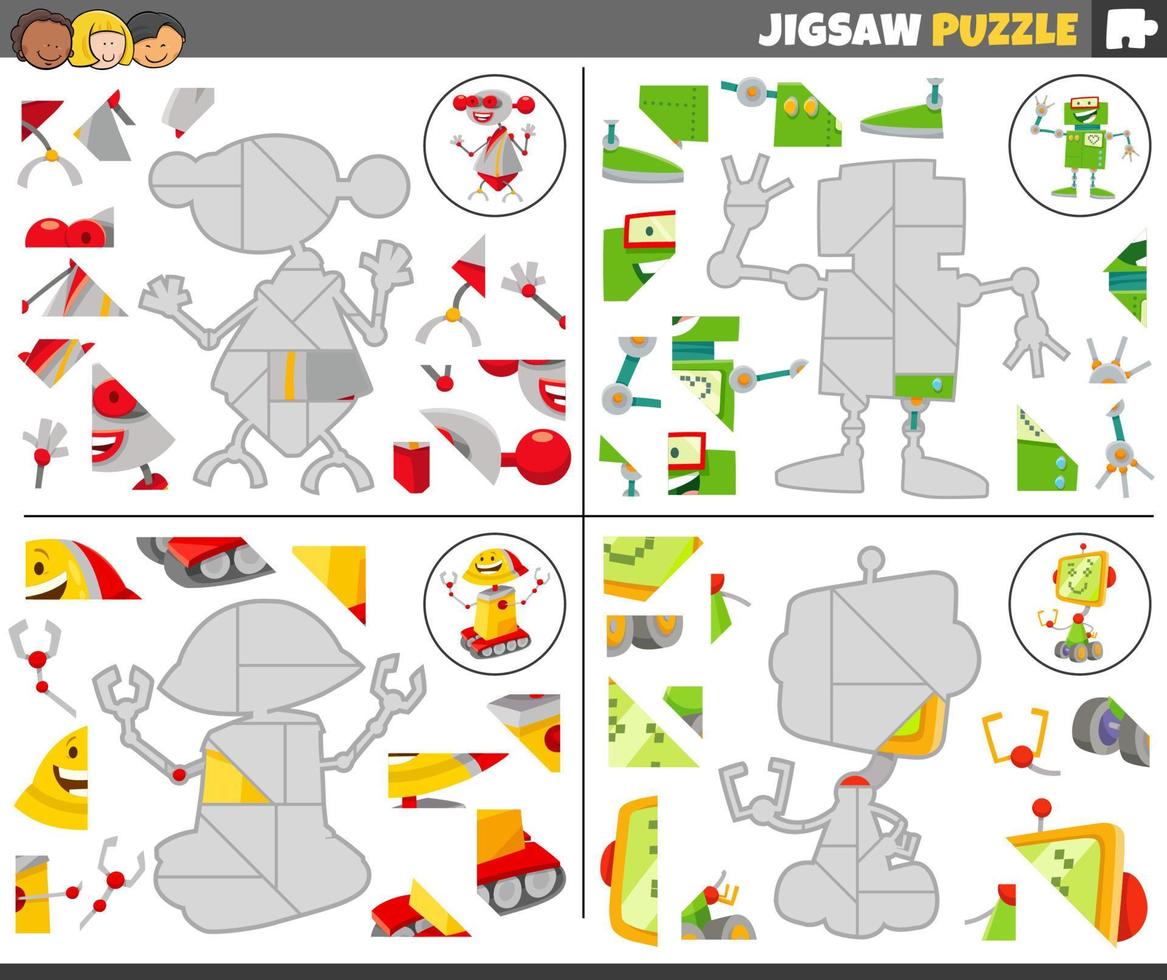 jigsaw puzzle games set with funny cartoon robots vector