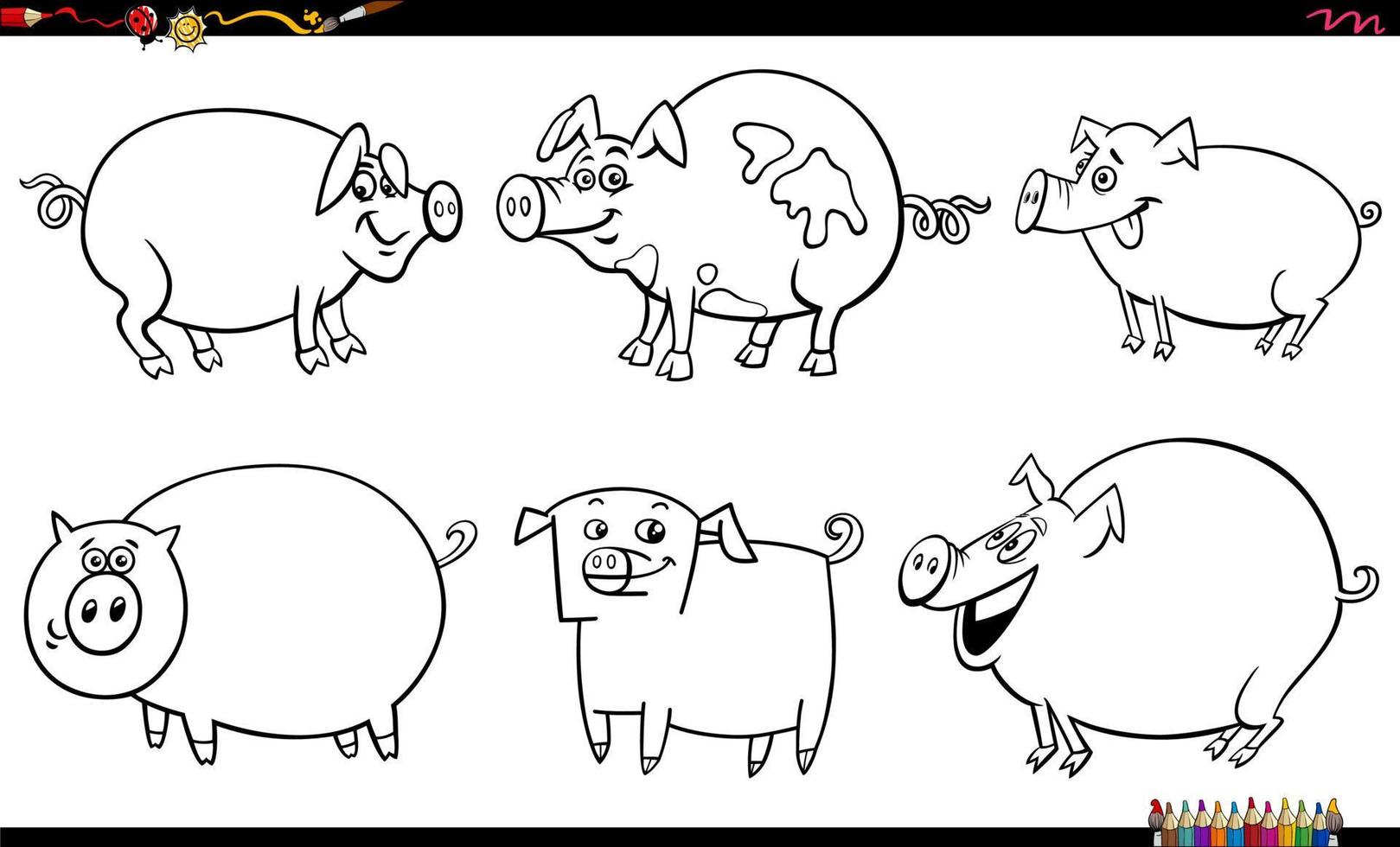 cartoon pigs farm animal characters set coloring page vector