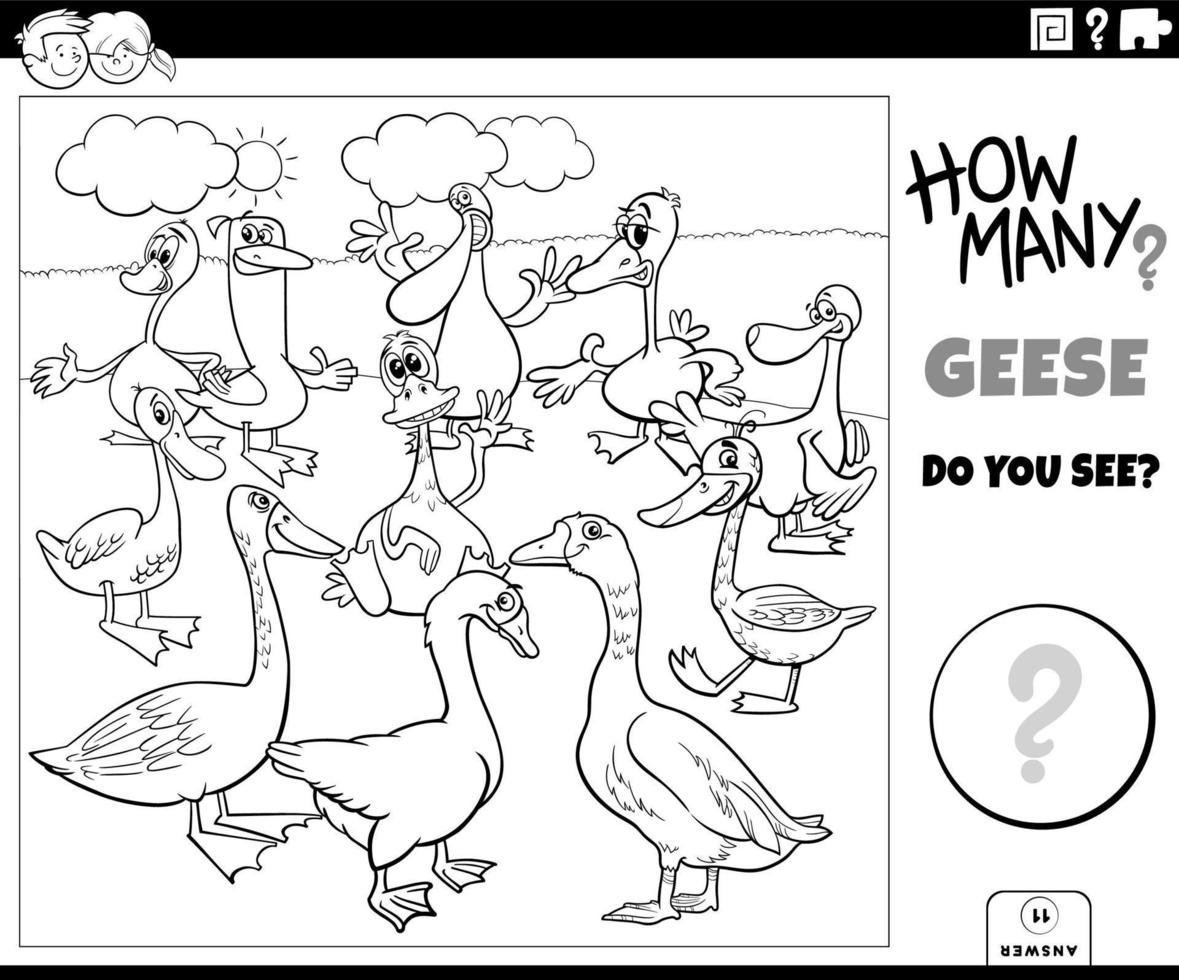 counting cartoon geese birds educational task coloring page vector