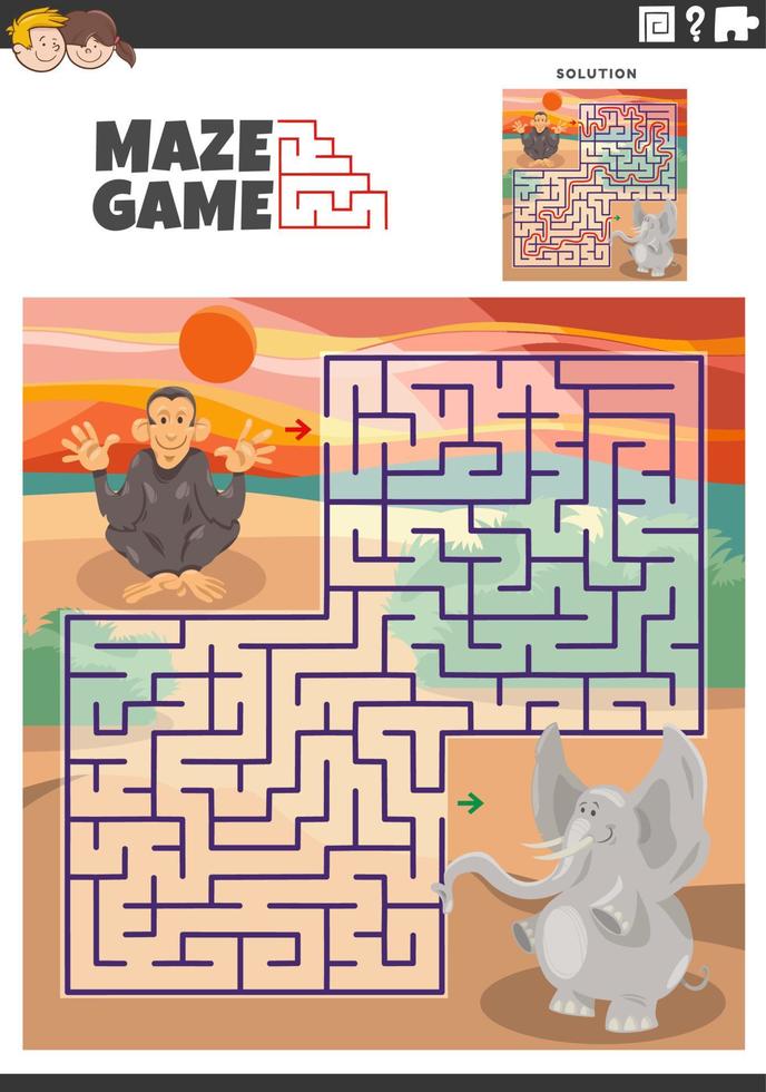 maze game activity with cartoon animal characters vector