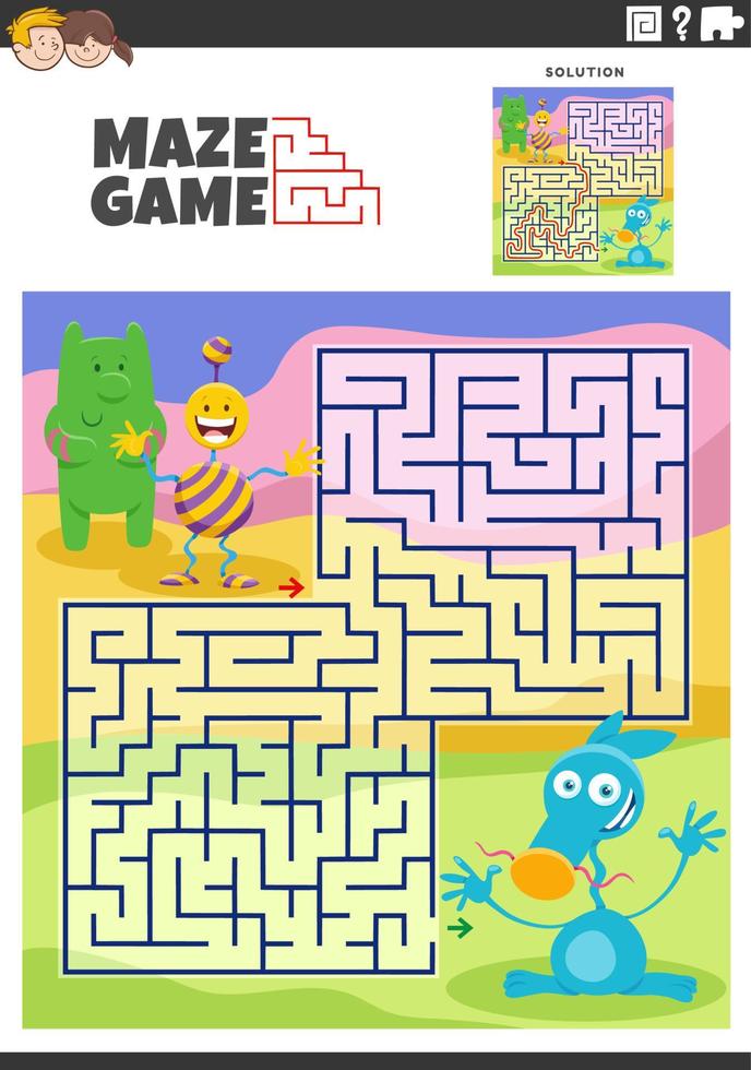 maze game activity with cartoon alien or monsters characters vector