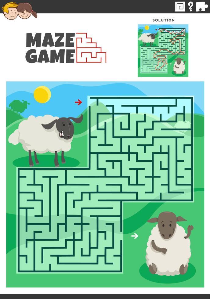 maze game activity with cartoon sheep characters vector