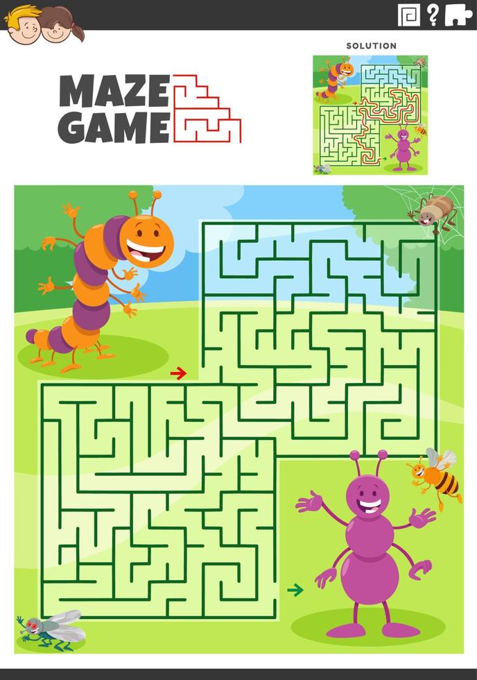 maze game activity with cartoon insects characters vector