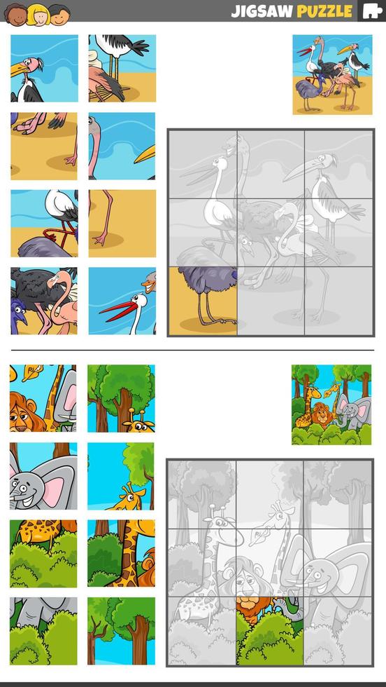 jigsaw puzzle game set with cartoon wild animal characters vector