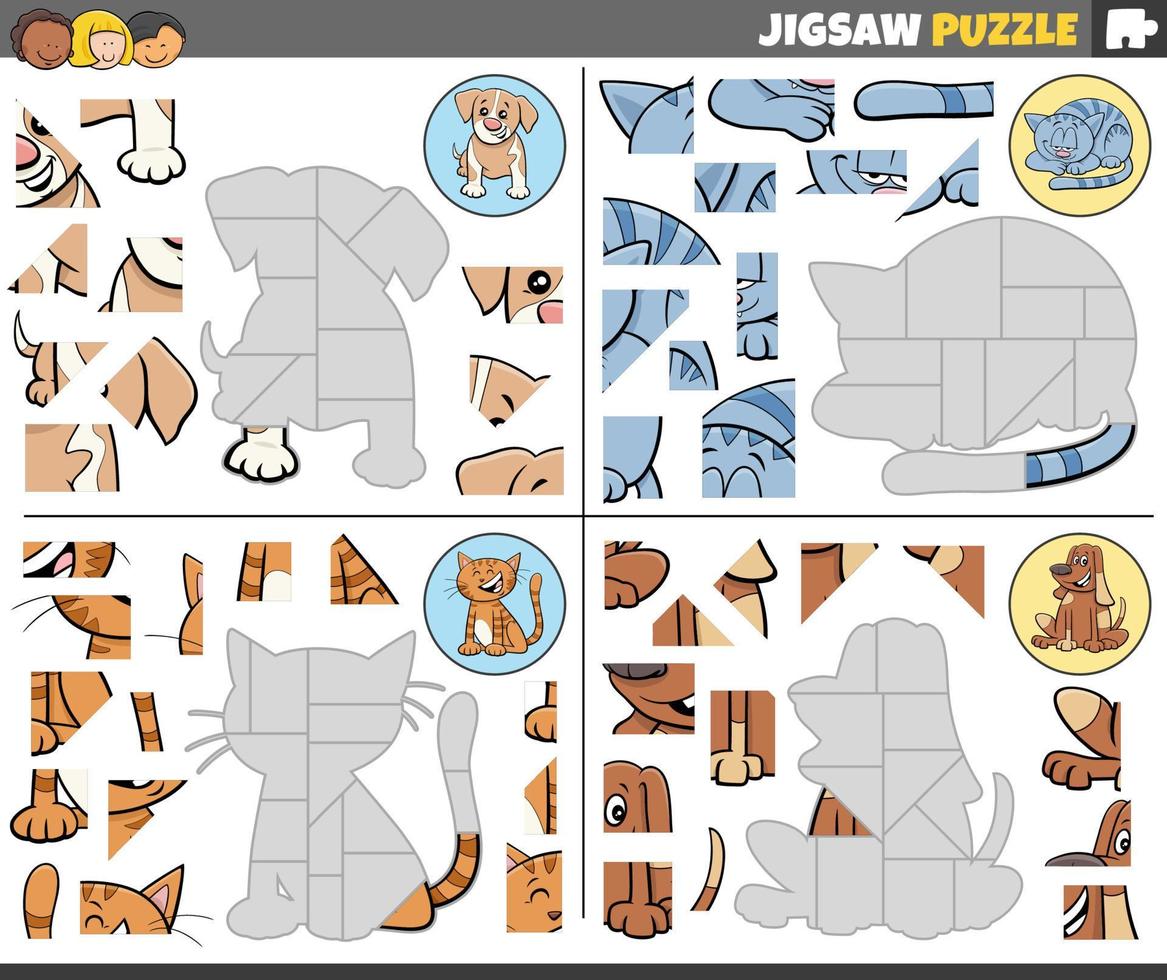 jigsaw puzzle games set with cartoon cats and dogs vector