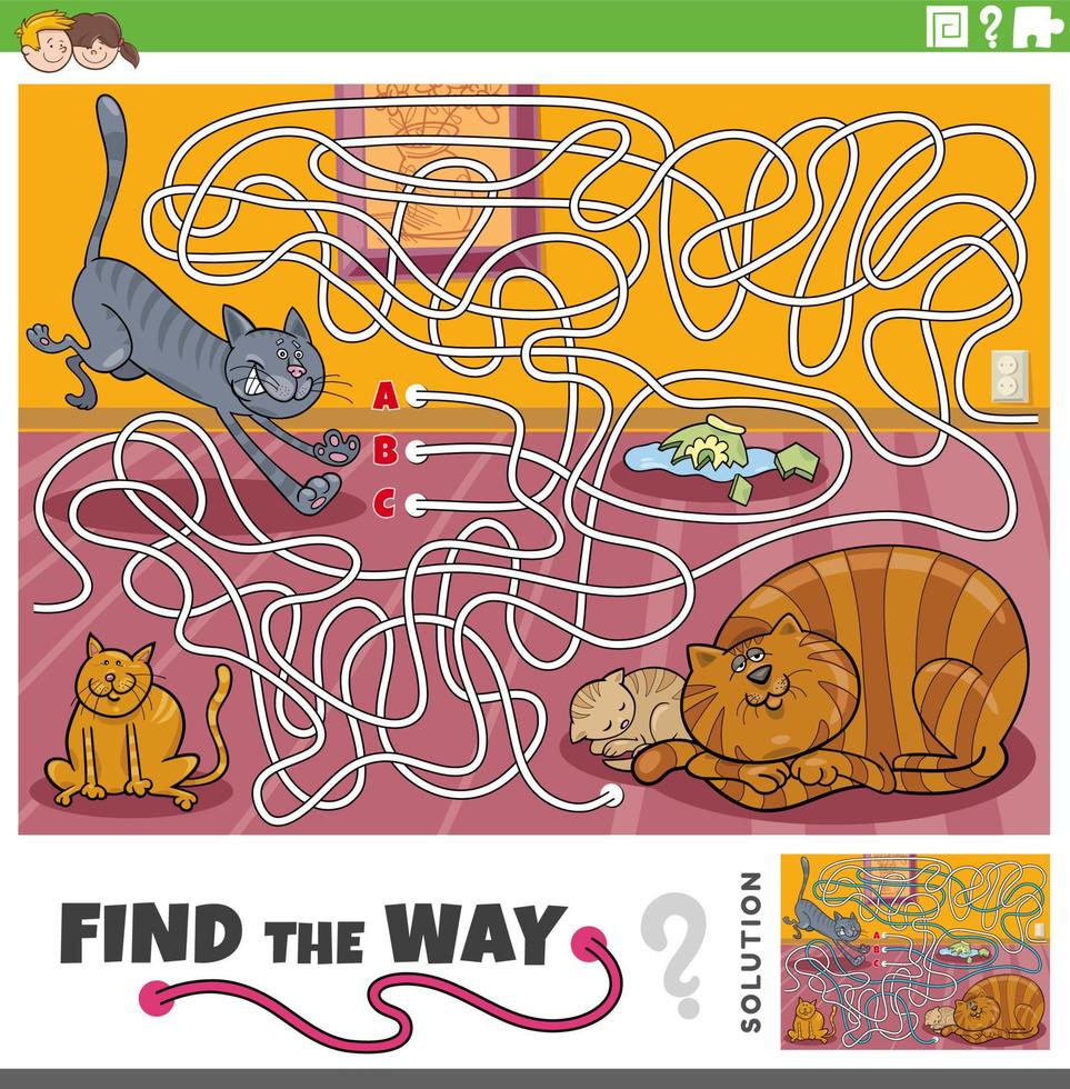 find the way maze game with cartoon cats at home vector