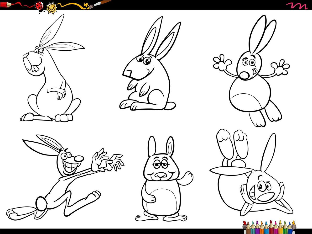 cartoon rabbits animal characters set coloring page vector