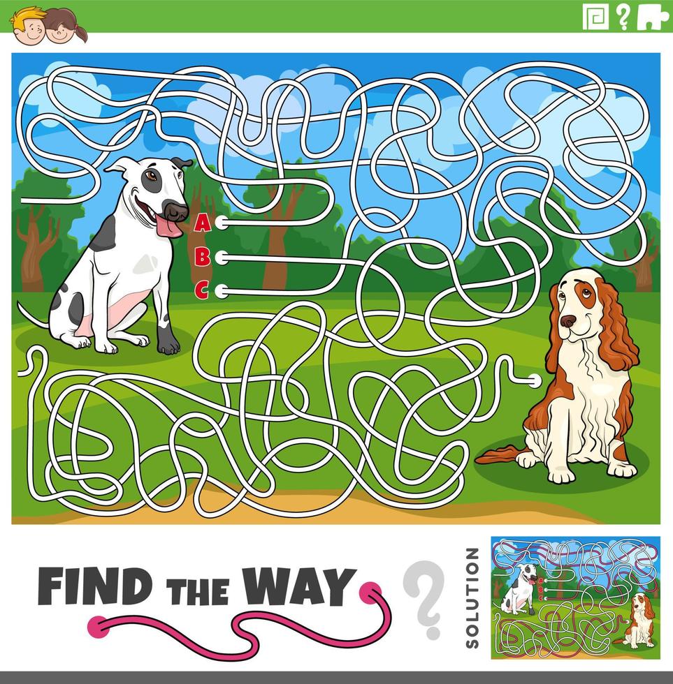 find the way maze game with cartoon purebred dogs vector