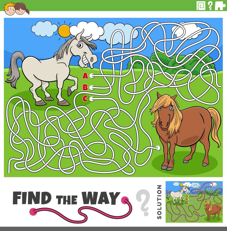 find the way maze game with cartoon horses farm animals vector