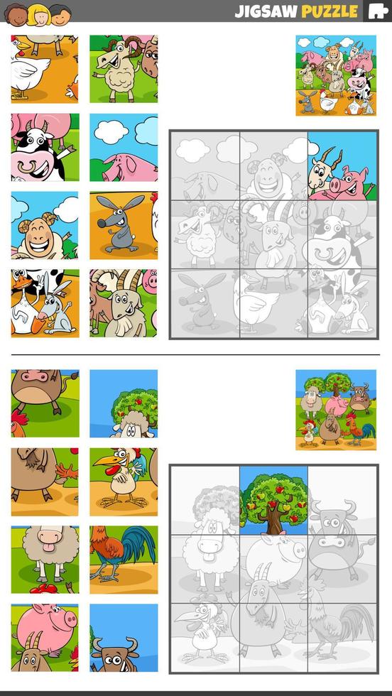 jigsaw puzzle game set with cartoon farm animals vector