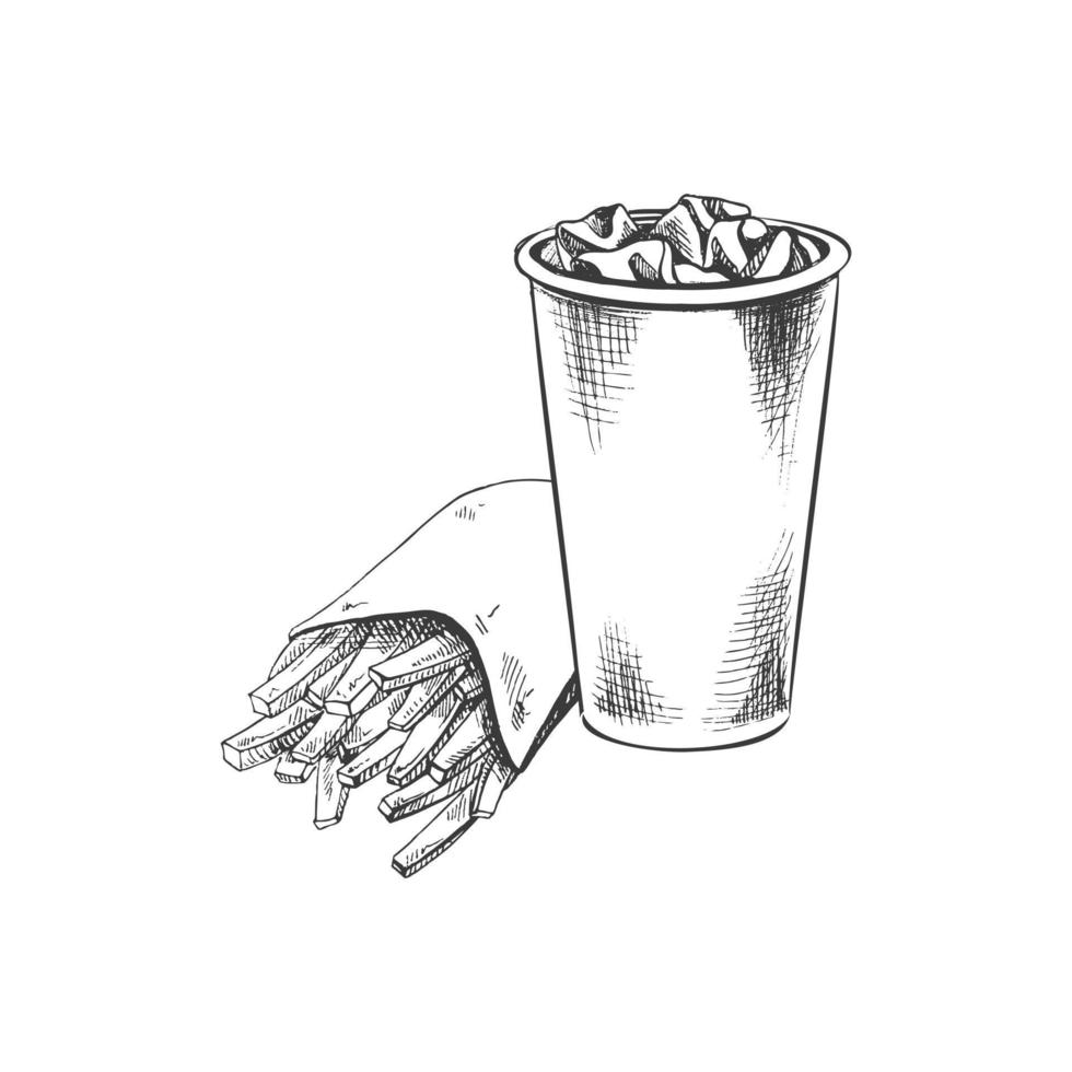 Hand-drawn sketch of french fries in a carton  box and  paper cup of cola with ice,  isolated. Monochrome junk food vintage illustration. Great for menu, poster or restaurant background. vector