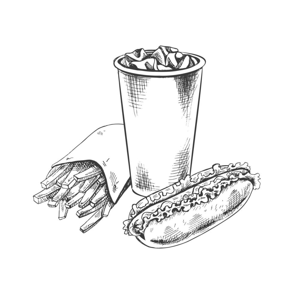 Hand-drawn sketch of french fries in a carton box, hot dog and  paper cup of cola with ice,  isolated. Monochrome junk food vintage illustration. Great for menu, poster or restaurant background. vector