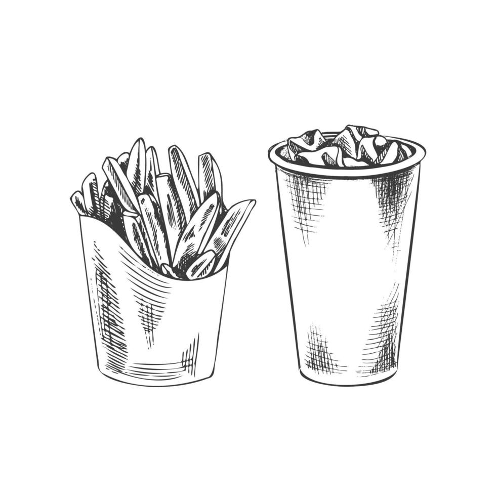 dibujado a mano bosquejo de francés papas fritas caja de cartón caja, papel taza de reajuste salarial con hielo, aislado. monocromo basura comida Clásico ilustración. genial para menú, póster o restaurante antecedentes. vector