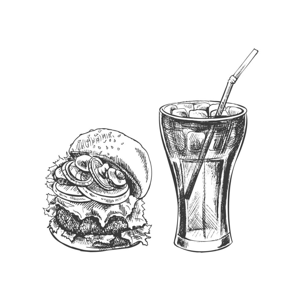 Hand-drawn sketch of burger,  cola glass  with ice, isolated. Monochrome junk food vintage illustration. Great for menu, poster or restaurant background. vector