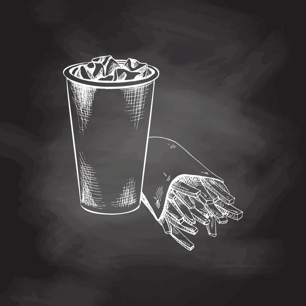 Hand-drawn white sketch of french fries in a carton  box and  paper cup of cola with ice   isolated on chalk background. Monochrome junk food vintage illustration. Great for menu, poster vector
