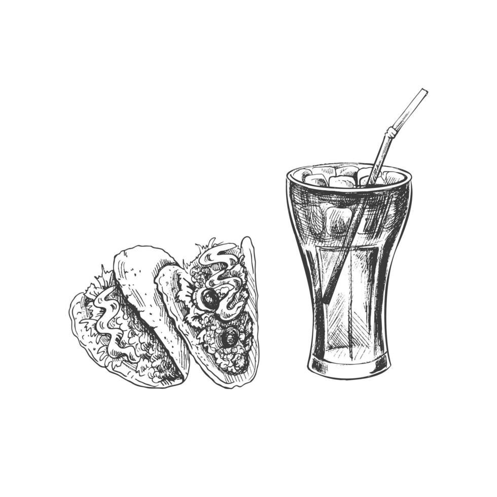 Hand-drawn sketch of tacos,  cola glass  with ice, isolated. Monochrome junk food vintage illustration. Great for menu, poster or restaurant background. vector