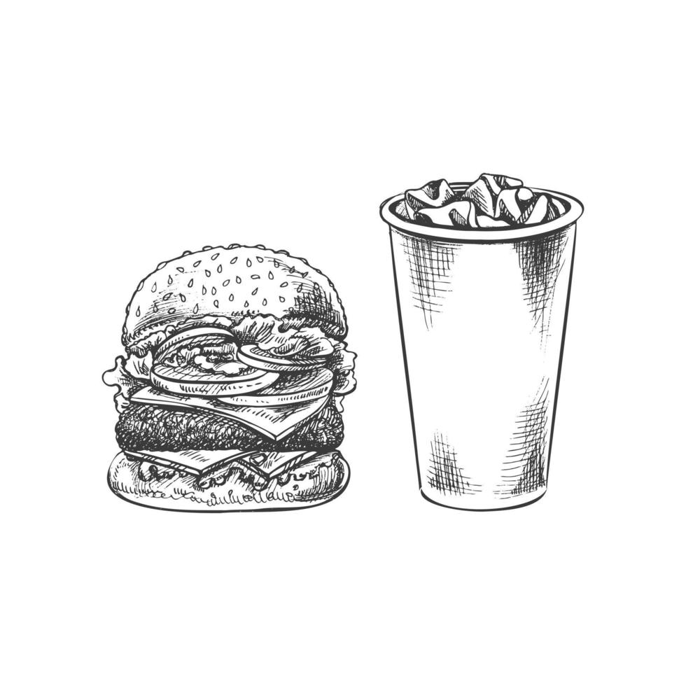 Hand-drawn sketch of burger, paper cup of cola with ice, isolated. Monochrome junk food vintage illustration. Great for menu, poster or restaurant background. vector