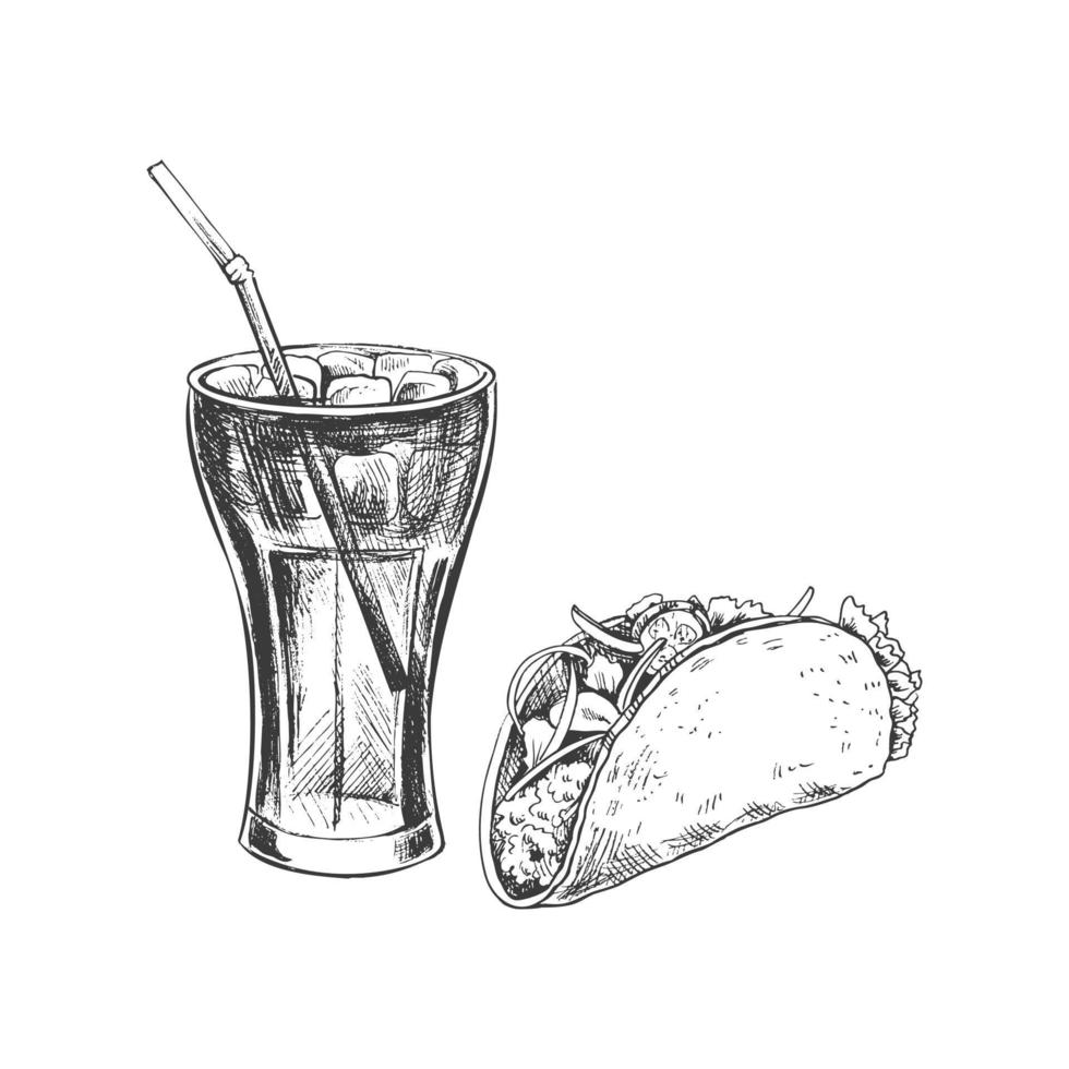 Hand-drawn sketch of taco,  cola glass  with ice, isolated. Monochrome junk food vintage illustration. Great for menu, poster or restaurant background. vector