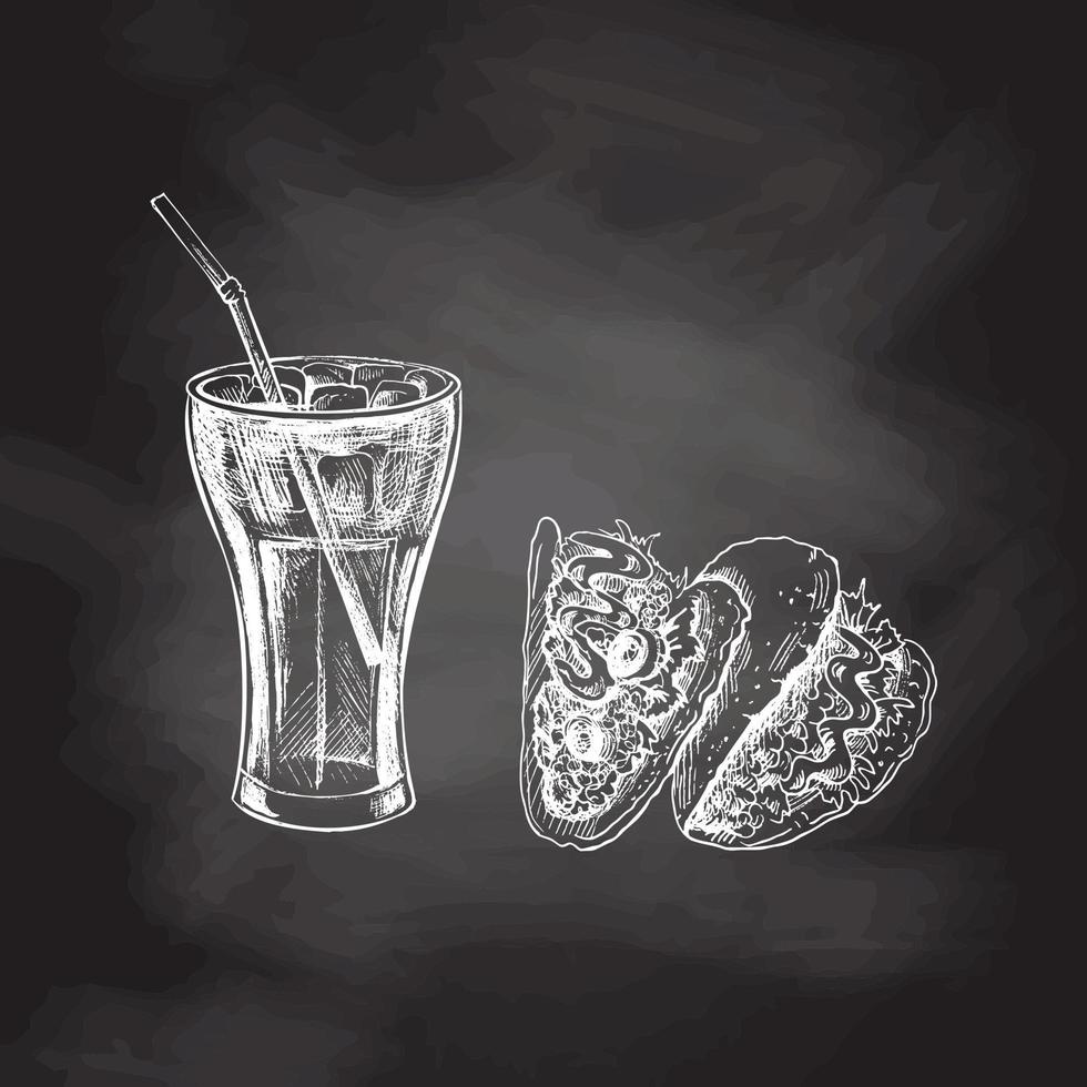 Hand-drawn white sketch of tacos,  cola glass  with ice  isolated on chalk background. Monochrome junk food vintage illustration. Great for menu, poster or restaurant background. vector